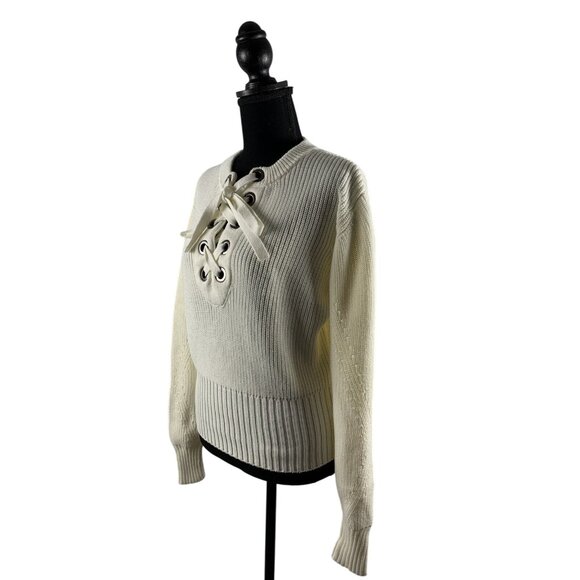 Olivia Warren Lace-Up Cream Knit Sweater With Oversized Eyelets & Ties Large - Picture 3 of 11